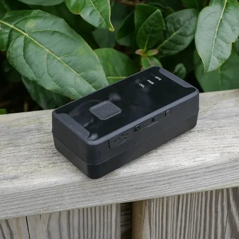 GL320MG A black rectangular GPS tracking device resting on a weathered wooden plank with a lush green leaf background.
